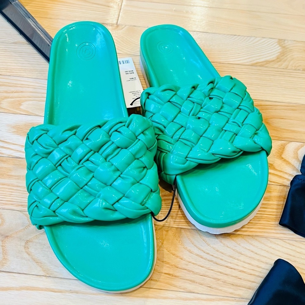 Urban Outfitters Green Puffy Woven Slides
